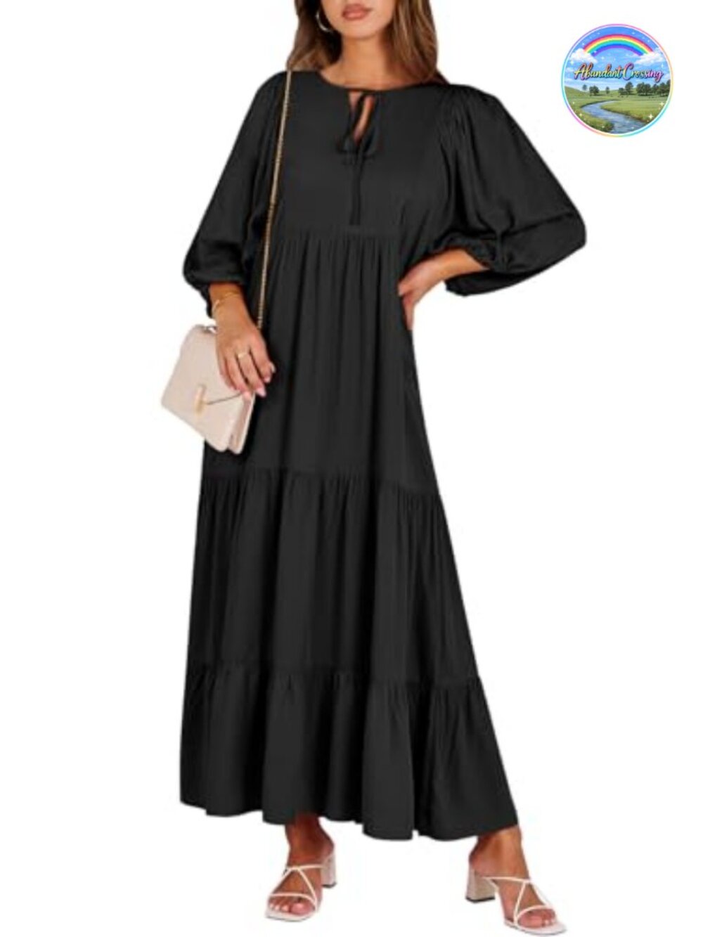 Boho Floral Maxi Dress Puff Sleeve V-Neck Tiered Rayon Summer Vacation